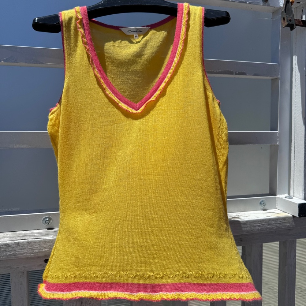 OSCAR DE LA RENTA Excellent Bright Yel Hot Pink Vest Cashmere/Silk ITALY